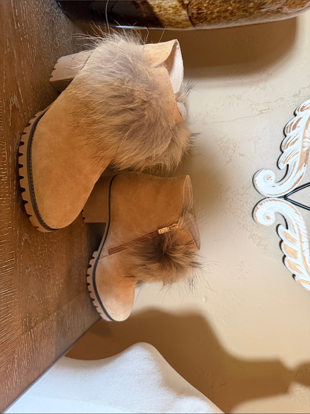 Suede Faux-Fur Pom Pom Ankle Booties - Tan